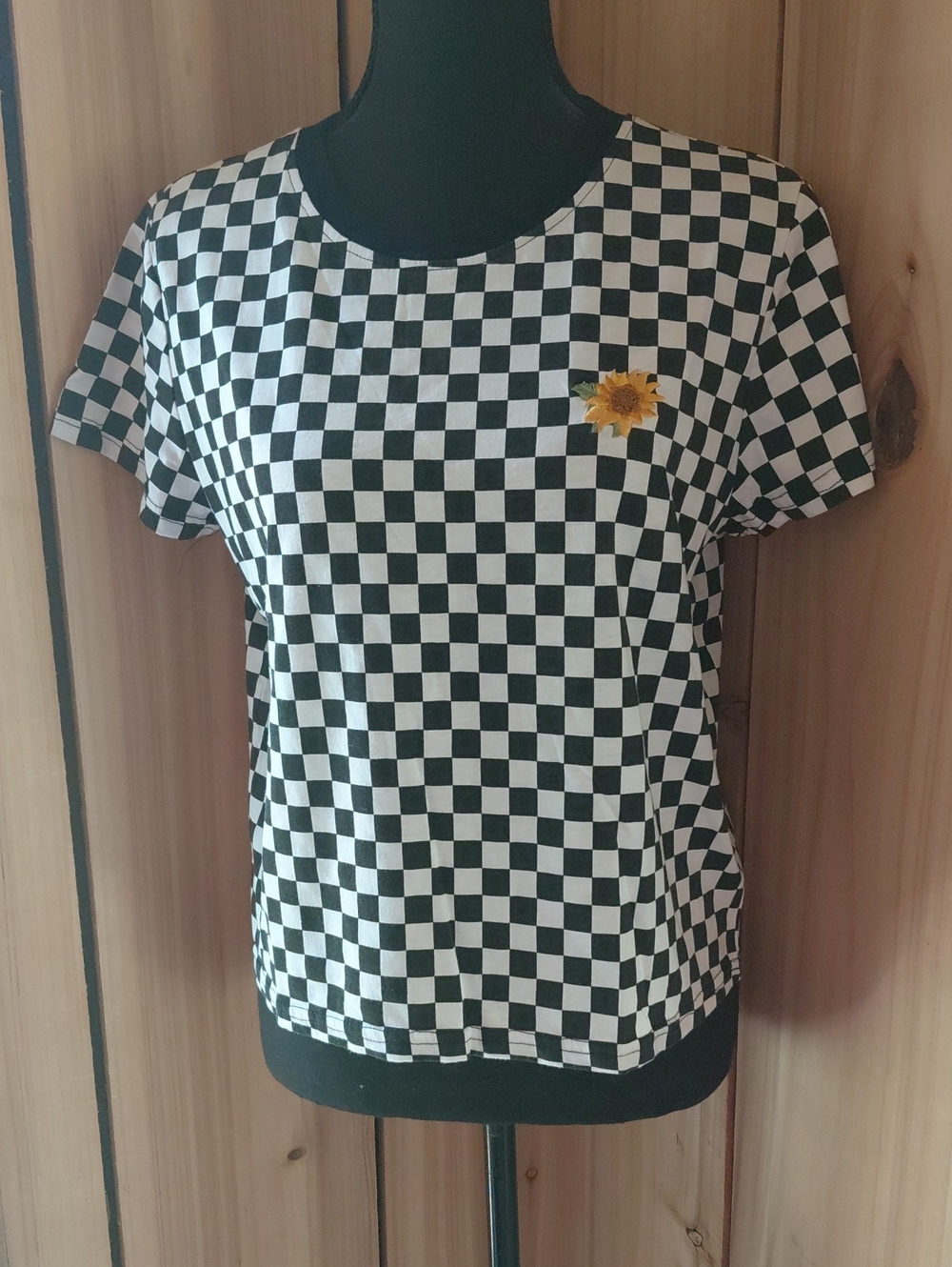 Rue21 Black and White Checkerboard Tee with Sunflower Patch